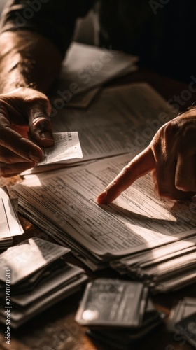 Hands reviewing stacks of paper documents on a desk