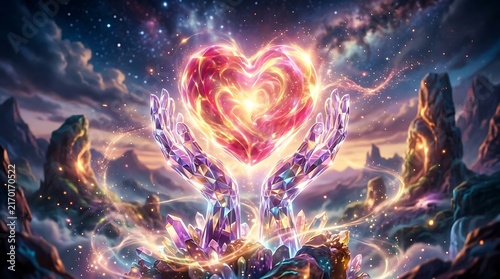 Ethereal glowing heart floating above crystal hands in a mystical cosmic landscape.
