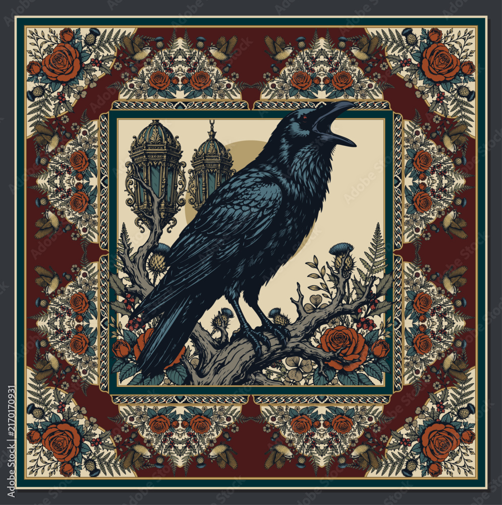 Obraz premium Vintage Celtic Raven Scarf Pattern Square Frame Art Nouveau Floral Border