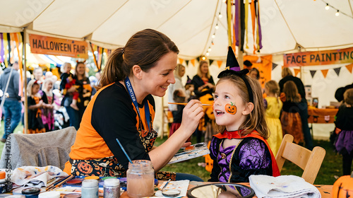 Female volunteer painting a small pumpkin on the cheek of a smiling young girl in a witch costume at a fair tent