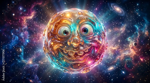 A whimsical colorful planet with a funny face floating in deep space.