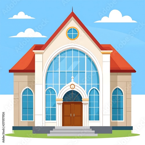 Bright red wooden church with blue windows on sunny day.