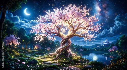 Enchanted glowing cherry blossom tree with twisted trunk under a starry night sky.