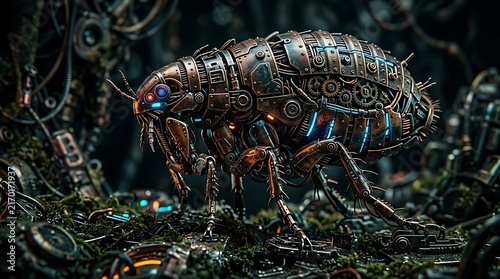 A detailed steampunk mechanical flea with glowing blue lights in a dark industrial environment.
