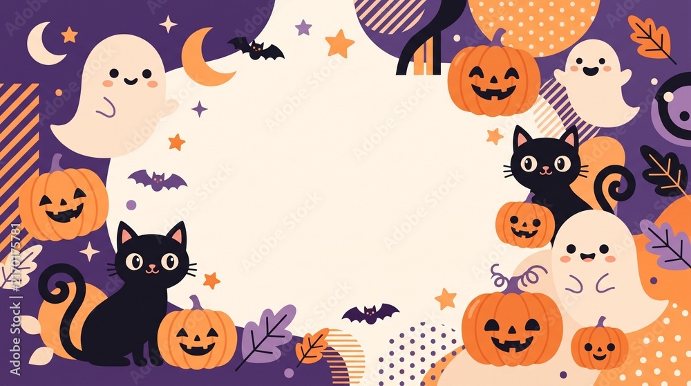 Fototapeta premium Cute Halloween Background Frame with Pumpkins Ghosts and Black Cats