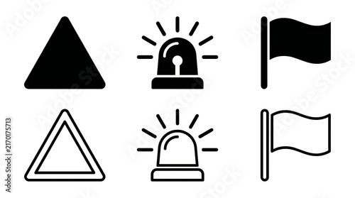 Black and white warning and flag icons set