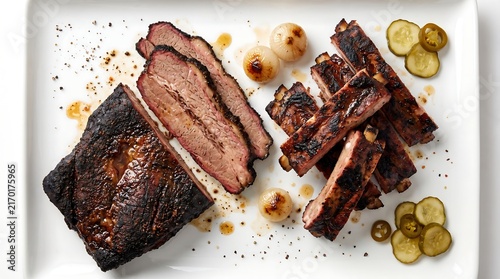 Smoked beef brisket and pork ribs platter with pickles and onions.