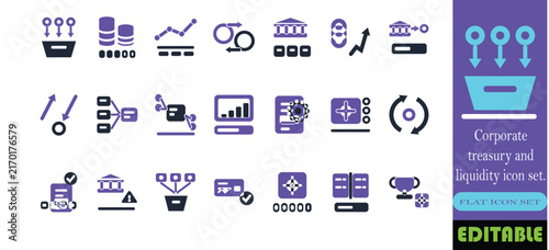 Corporate treasury and liquidity icon set. Cash pooling, FX hedging, bank account structure and cash flow forecast solid glyph vector symbols