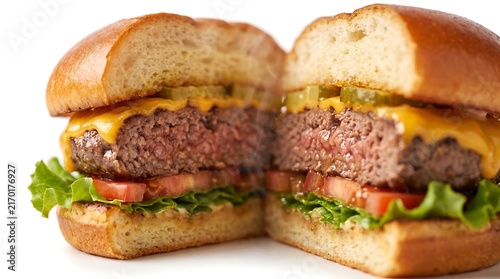 A cross section of a juicy cheeseburger on a white background.