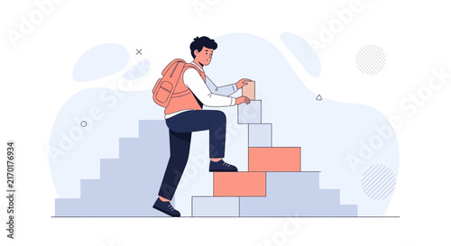 Young person climbing stairs made of building blocks, symbolizing growth, ambition, and personal development.