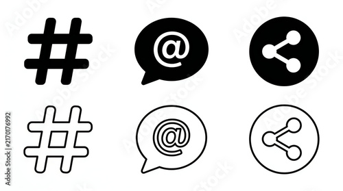 Social media icons set with hashtag and share symbols