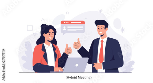 Business professionals in a hybrid meeting, giving thumbs up with laptop and online communication interface, modern flat vector illustration.