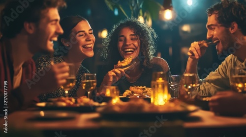 Joyful Gathering of Friends at an Evening Dinner Table