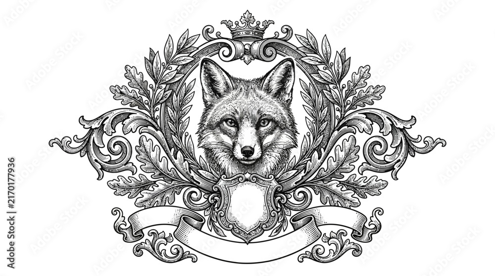 Naklejka premium Vintage Heraldic Fox Head Emblem with Crown and Oak Leaf Wreath Illustration