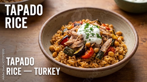 A rustic bowl of savory Tapado rice topped with shredded turkey and a dollop of creamy sauce.