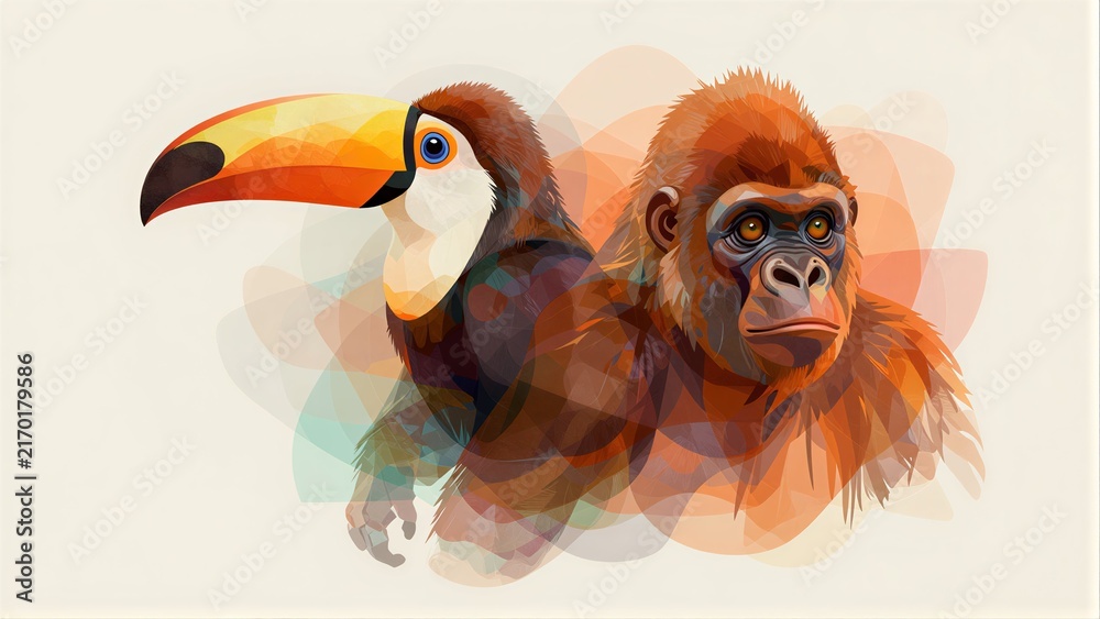 Naklejka premium Toucan and gorilla in vibrant, stylized artwork with soft colorful backgrounds.