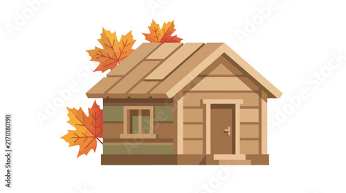 Cartoon wooden cabin with autumn leaves isolated on white