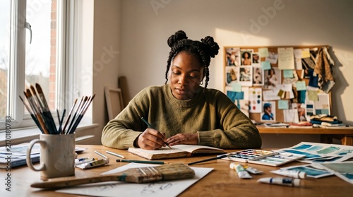 Young African American female artist sketching in her sunny home studio with watercolor paints and brushes on a wooden desk.