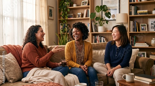 Three happy diverse female friends laughing and talking together while sitting on a sofa in a cozy living room, enjoying coffee and sharing stories in a warm atmosphere.