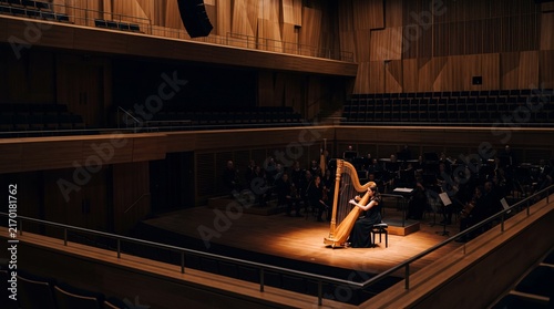 Harpist's Solitude: A lone harpist performs on a brightly lit stage in a grand concert hall, surrounded by the hushed anticipation of an unseen audience.