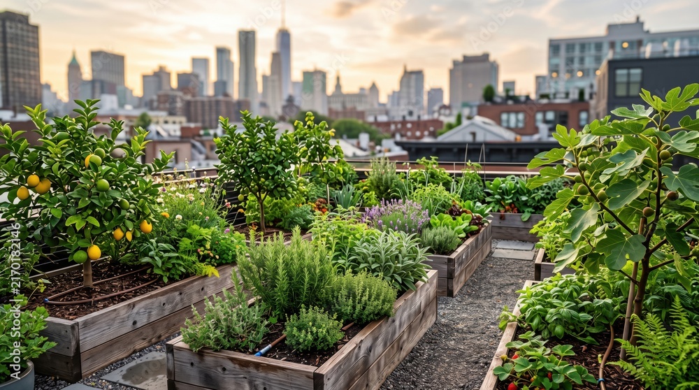 Fototapeta premium Urban rooftop garden with vegetable beds and fruit trees overlooking a city skyline