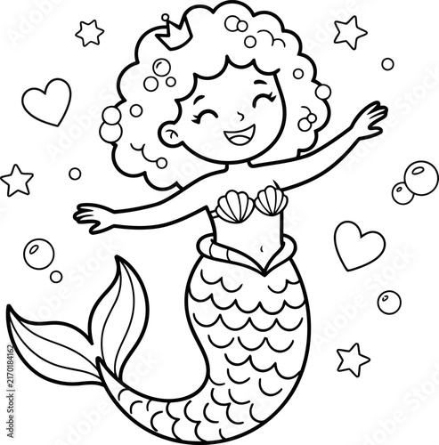 Obraz na plátně Cute little mermaid cartoon character with curly hair surrounded by hearts and s
