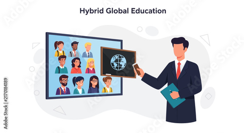 Hybrid Global Education: Teacher Leads Online Class with Diverse Students on Screen and Globe Graphic
