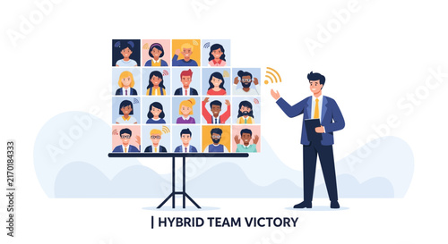Hybrid Team Celebrating Victory in Online Meeting with Video Conference Grid and Business Man