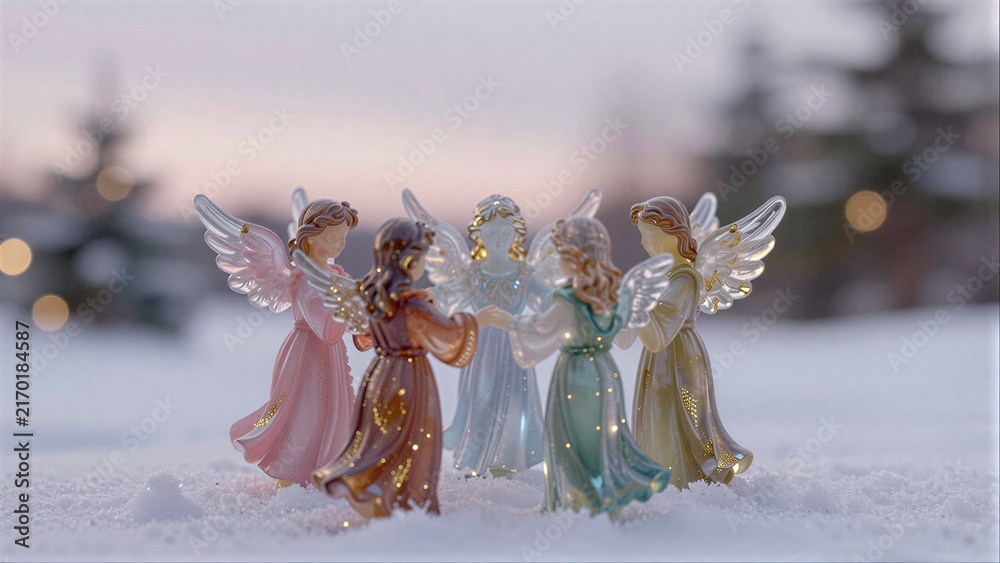 Fototapeta premium Five angel figurines dance in snow, glowing softly under twilight lights.