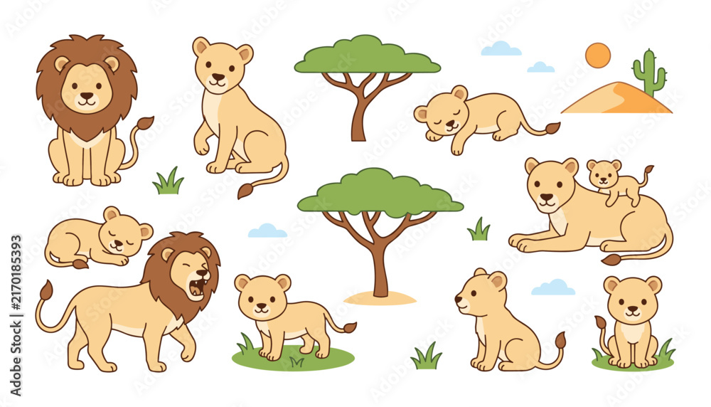 Obraz premium Cute African Lion Family Vector Set Featuring Cartoon Lions Lionesses Cubs Acacia Trees Desert Dunes and Savanna Wildlife Elements for Children Design