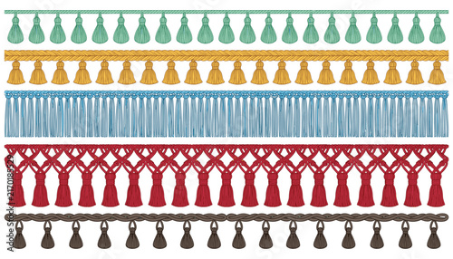 Fotografía Decorative brush fringe trim and tassel borders set for interior design home decor textile curtains and fashion embellishment vector illustration