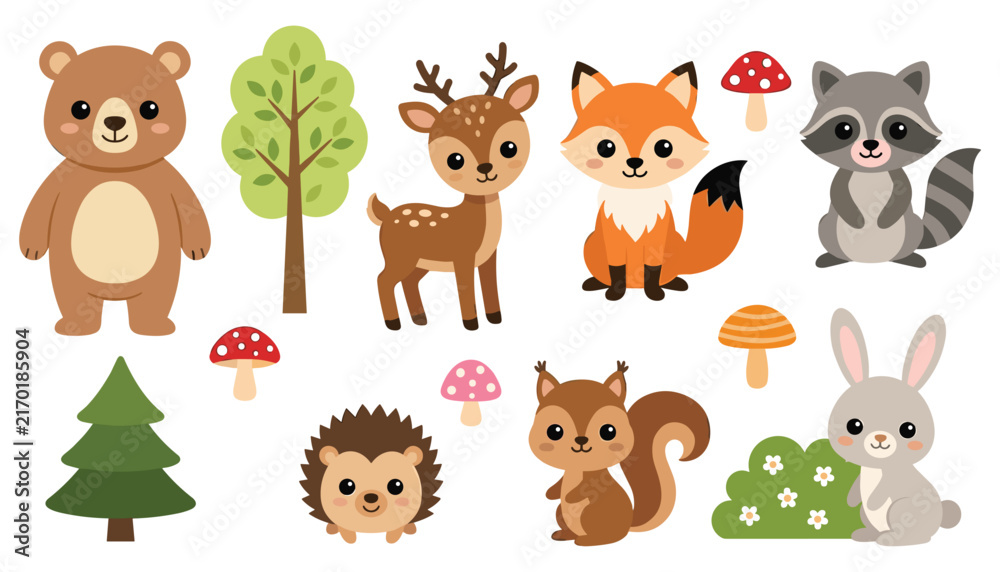 Fototapeta premium Cute Forest Woodland Animals Vector Set with Cartoon Bear Deer Fox Raccoon Hedgehog Squirrel Rabbit Trees and Mushroom Clipart Elements