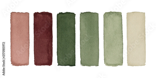 Vector row of six watercolor swatches in earthy tones isolated on transparent background