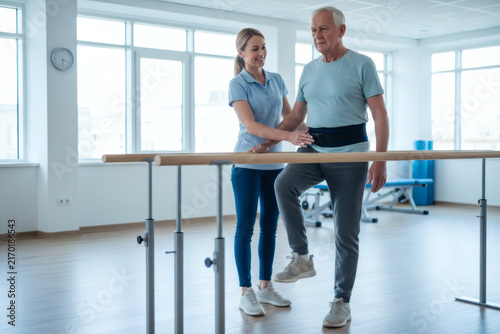 Fall Prevention Rehabilitation with Senior Patient and Physical Therapist
