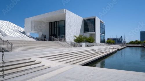 Modern Architectural Design of Waterfront Building with Stairs