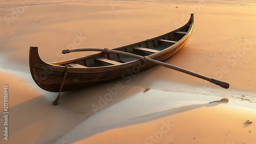 Traditional Polynesian canoe with an outrigger beached on a sandy shore at sunset.
