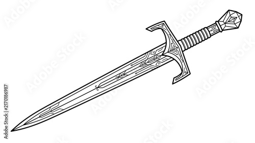 Ornate Medieval Sword with Jewel Hilt, Line Art