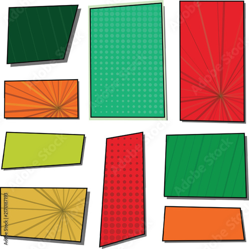 Vibrant red green and orange comic book text boxes with colorful halftone and radial stripe patterns