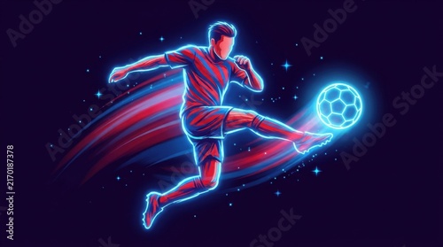 Red Soccer Player Kicking Glowing Blue Neon Football in Dynamic Motion Through Space