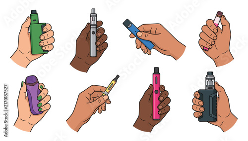 Diverse hands holding various types of e-cigarettes mod boxes vapes vape pens and pod systems for electronic smoking habits vector icon element set.