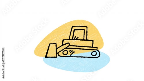 An animated hand-drawn heavy crawler bulldozer with a front blade pusher. Perfect for heavy earthmoving, demolition sites, road construction, and industrial machinery. 