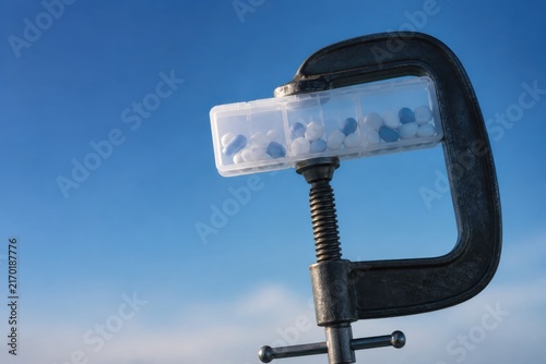 Pill organizer clamped against blue sky concept