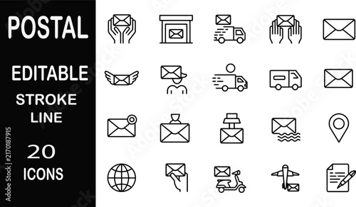 Vector line icons for postal mail delivery and shipping logistics EPS template