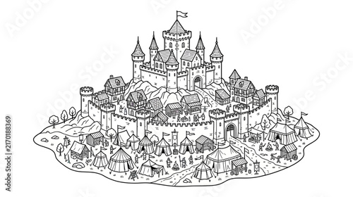 Quadro su tela Medieval Castle Village Illustration