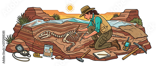 Konstfotografi Paleontologist Unearthing Dinosaur Skeleton in Desert Dig Site
