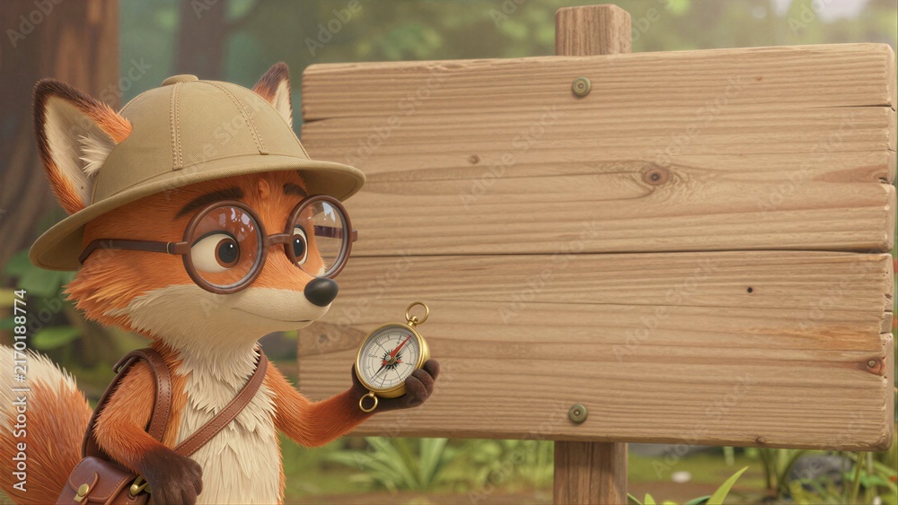Naklejka premium A curious fox explorer with glasses and a compass stands beside a blank wooden sign.