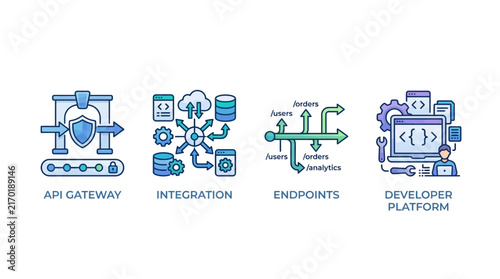 Software Development and Cloud Infrastructure Management Vector Icon Set Illustrating Modern Digital Architecture