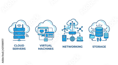 Cloud infrastructure vector icon set depicting server, virtual machine, network, and data storage technology concepts