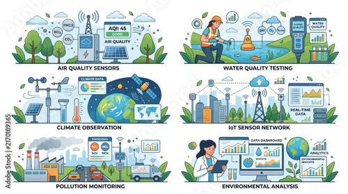 Environmental Monitoring Vector Illustration Set Featuring Air, Water, Climate, and Pollution Data Analytics Concepts