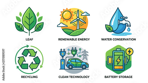 Sustainability Icon Collection Featuring Renewable Energy and Environmental Conservation Symbols for Green Technology